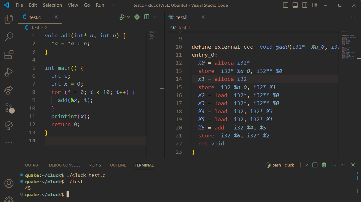 A screenshot of C code and its corresponding LLVM IR in a code editor